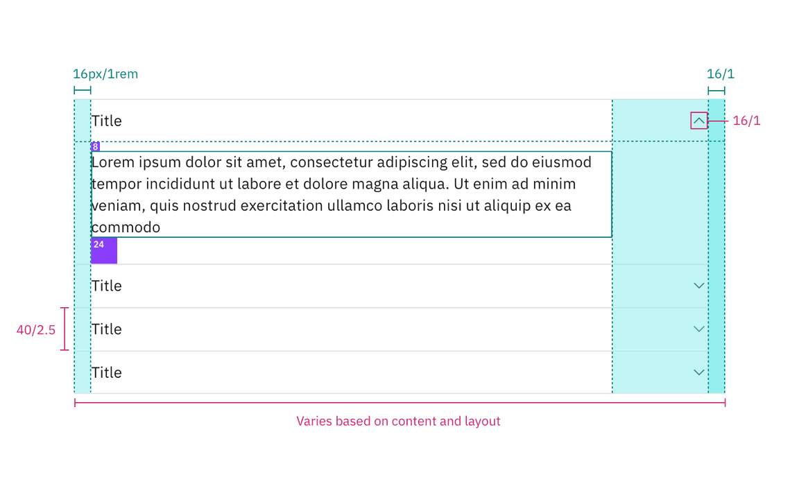 Structure and spacing measurements for default accordion alignment